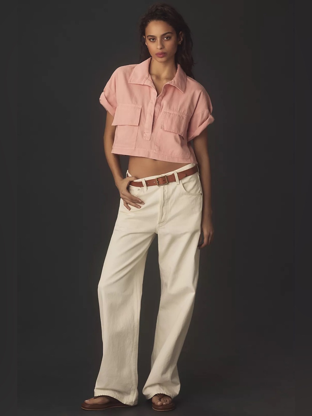 Pilcro Short Sleeve Cropped Pale Pink Button Front Boxy Collared Top Medium